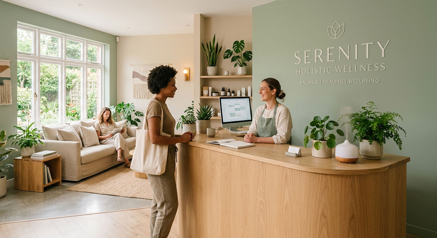 A nossa receção serena com luz natural e plantas